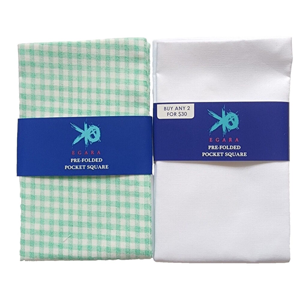 2-PK EGARA Pre-Folded Pocket Square Checkered Mint Green & White 100% Cotton